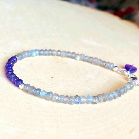 Amethyst & Labradorite Gemstone Beaded Bracelet Natural crystal Jewelry handmade - Picture 6 of 6
